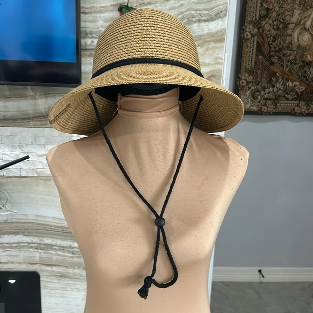 Furtalk New Straw Wide Brim‎ Hat with Ajustable Chin Strap. Inner Velcro Adj. M